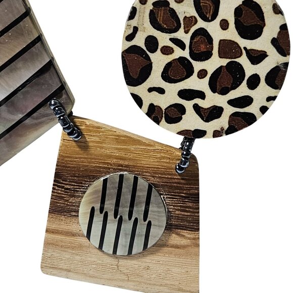 Handcrafted Abstract Pendant Necklace Leopard Print Mother of Pearl Accents - Picture 3 of 9